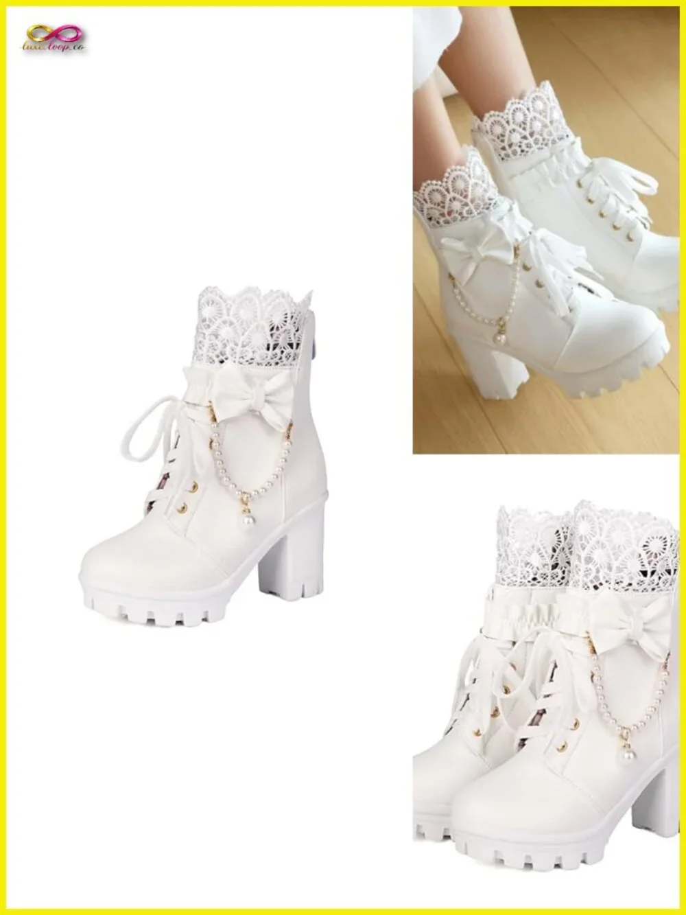 Faux Leather Platform Ankle Boots with Pearl Chain Bow Chunky High Heel Gothic
